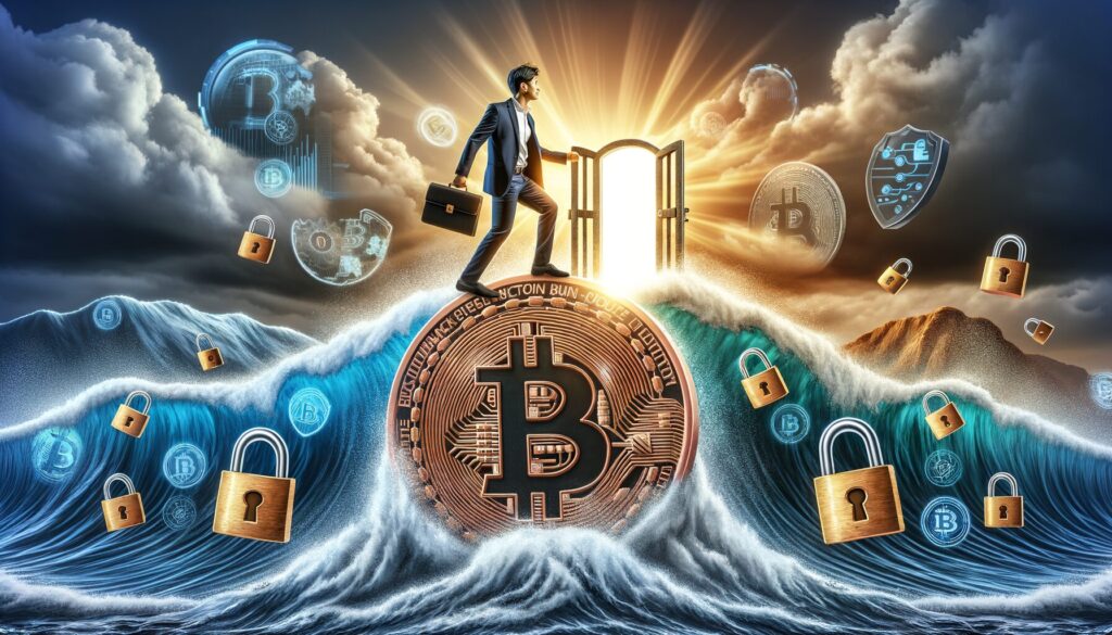 person standing confidently on a Bitcoin coin that's balanced on turbulent waves