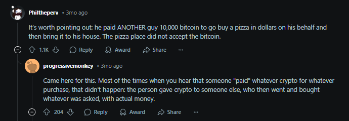 reddit discussion about Laszlo's Bitcoin pizza purchase
