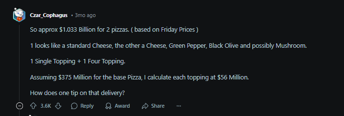 Reddit calculation of the pizza's current value