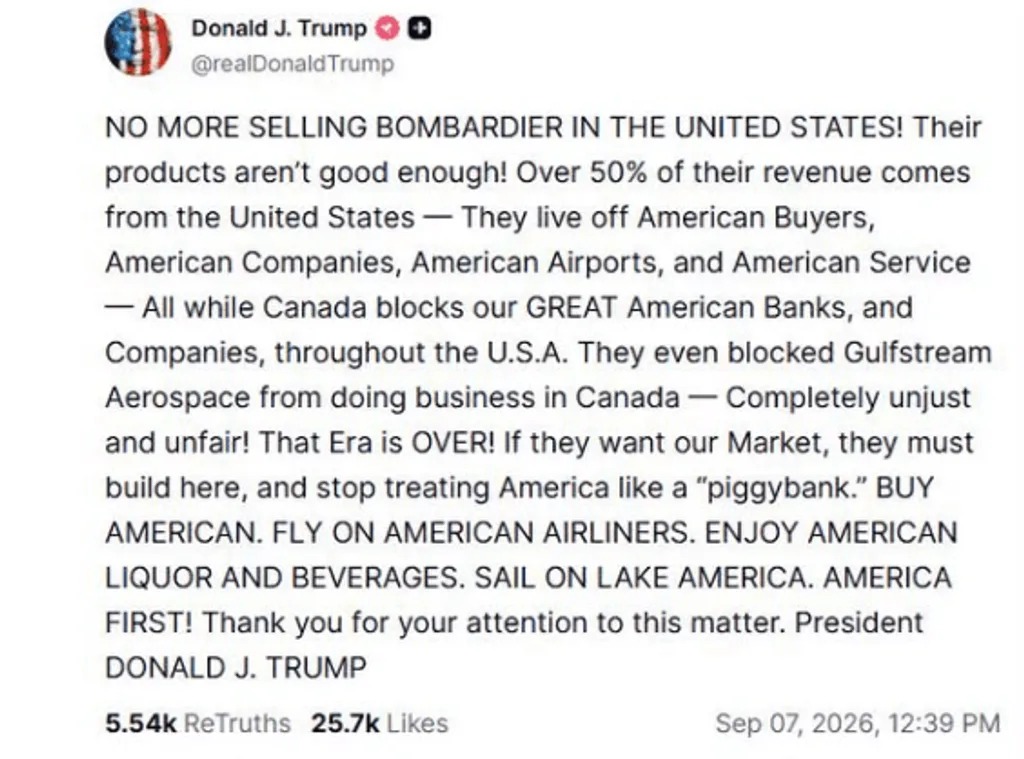 Trump threatens to restrict Bombardier's aircraft sales in the US