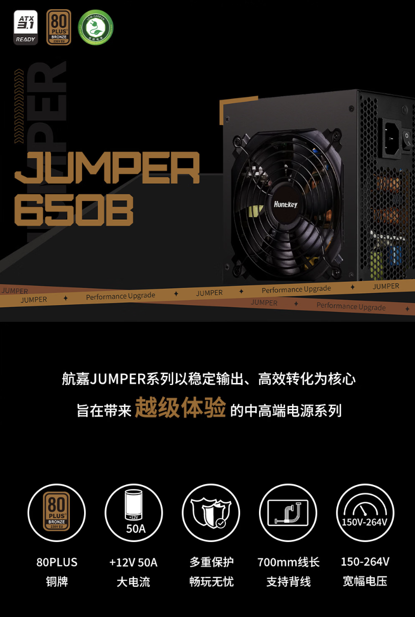 航嘉推出 JUMPER650B 电源：650W 铜牌效能、原生直出设计，238元