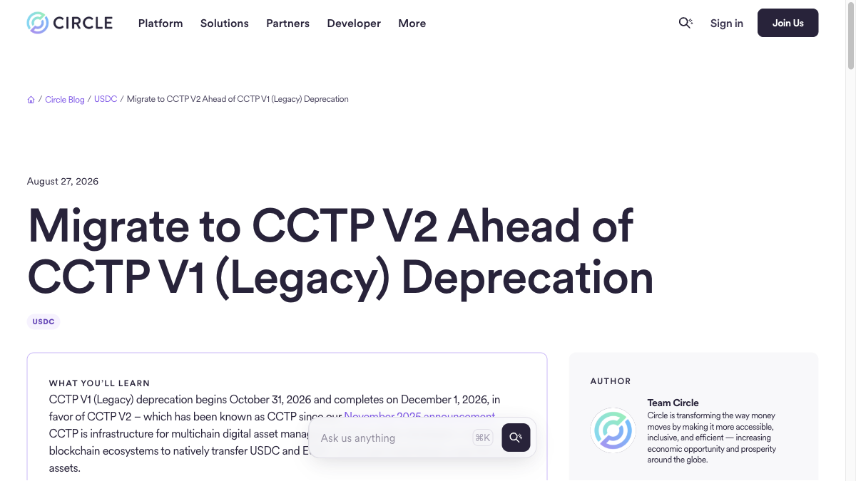 Circle Announces CCTP V1 Retirement Schedule: Quotas to Be Reduced Starting in October, and Cross-Chain Operations for the Old Contract Will Cease in December